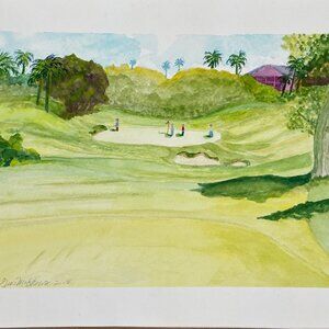 Original Art Painting Signed Watercolor Golf Scene